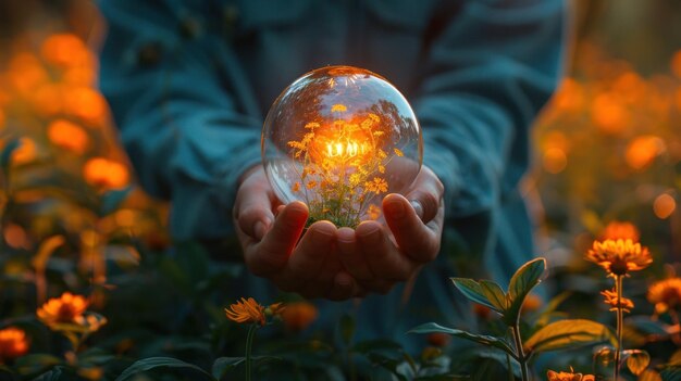 Photo enchanted evening a magical sphere illuminating blooming flowers