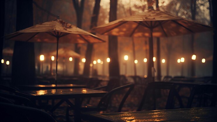 फोटो enchanted evening at a secluded outdoor cafe surrounded by trees and soft glowing lights