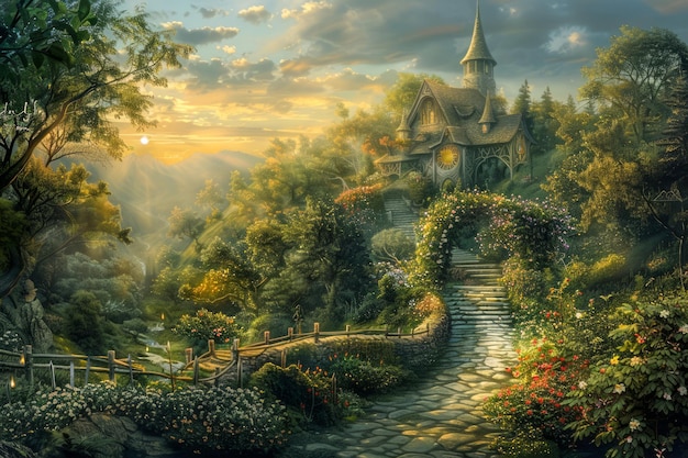 Зачарованный сказочный замок в мистическом лесу при заходе солнца с цветущими цветами и каменной тропой