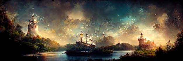 Enchanted fairy tale landscape, magic, fantasy, forest, ship on the lake. Digital Illustration