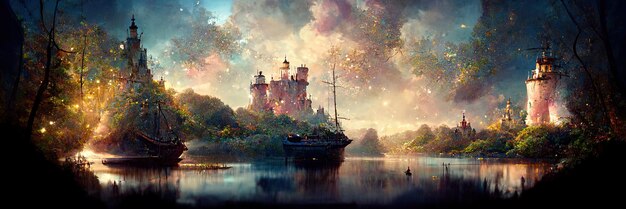 Enchanted fairy tale landscape, magic, fantasy, forest, ship on the lake. Digital Illustration