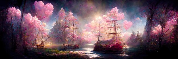 Enchanted fairy tale landscape, magic, fantasy, forest, ship on the lake. Digital Illustration