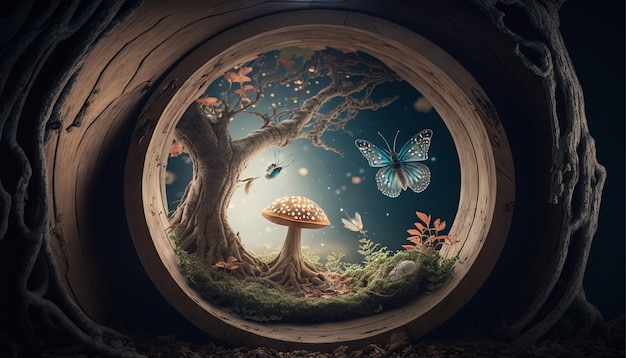 Enchanted fairytale forest with a magical shining hollow in a tree a mushroom and a flying magic butterfly