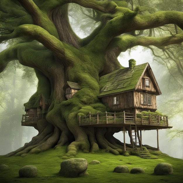 마법의 판타지 주택 마법의 숲 속에 자리잡은 아한 나무집 완벽한 피난처