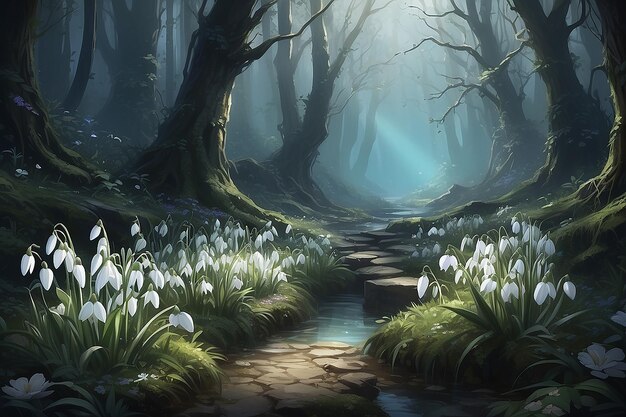 Enchanted Flowers Fantasy World Concept Art with Snowdrops