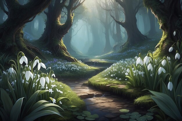 Enchanted Flowers Fantasy World Concept Art with Snowdrops