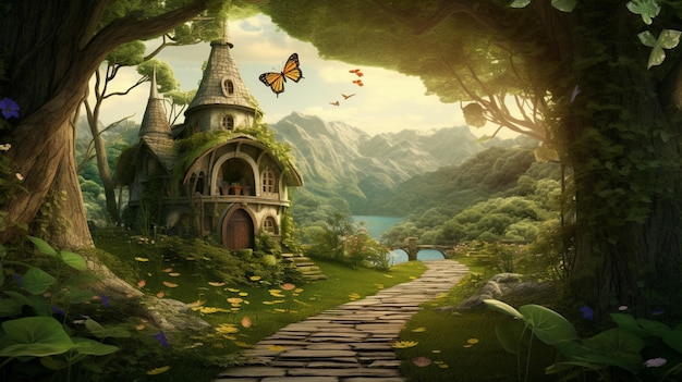 enchanted forest background leafy home surrounded by butterfly Generative AI