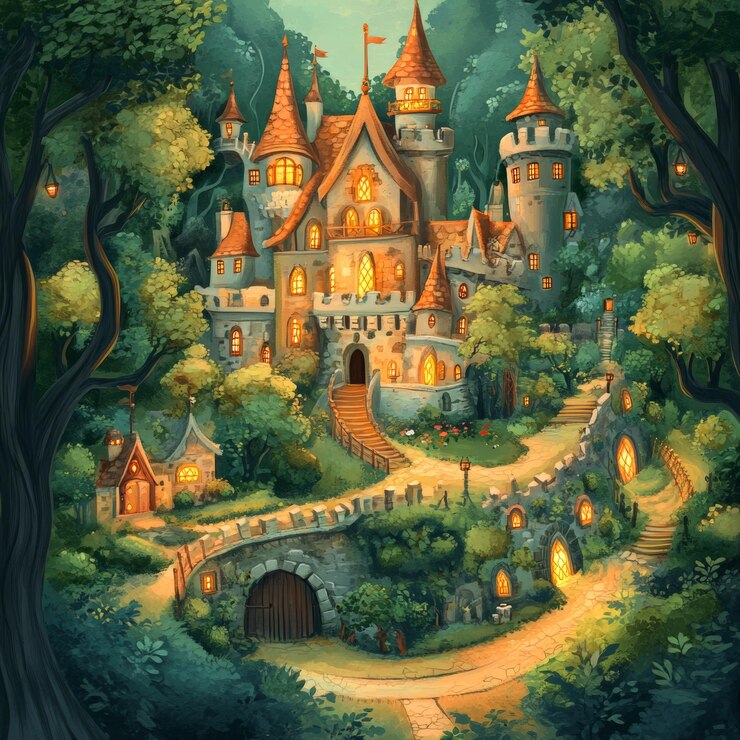 Photo enchanted forest castle with stone pathway and glowing windows