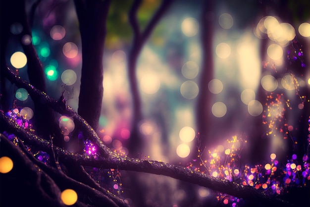 Photo enchanted forest defocused background, bokeh effect ai illustration