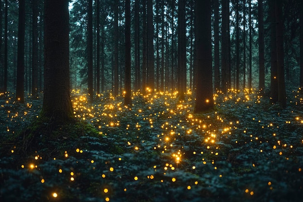 enchanted forest floor illuminated by glowing lights