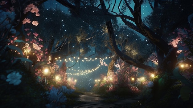 Enchanted forest glows with fairy lights digital art illustration Generative AI