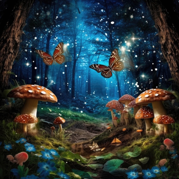 В заколдованном лесу есть грибы, светлячки, бабочки и другие существа. Генеративный ИИ.