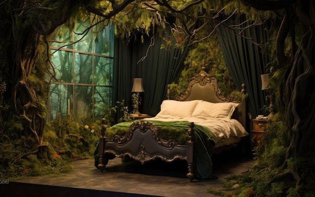 Photo enchanted forest haven bed generative ai