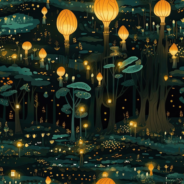 Photo enchanted forest illuminated by fireflies