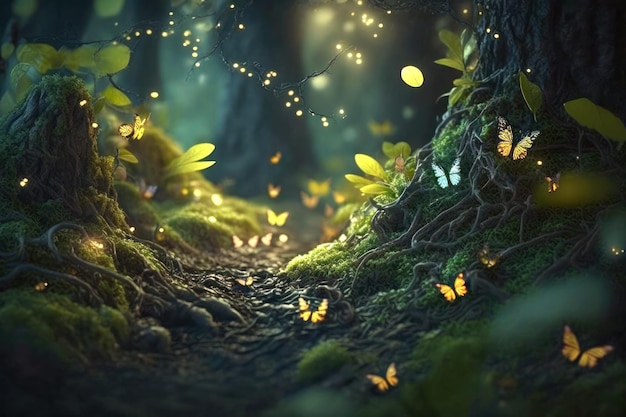 Enchanted Forest Landscape with Glittering Leaves Magic Butterfly Generative AI