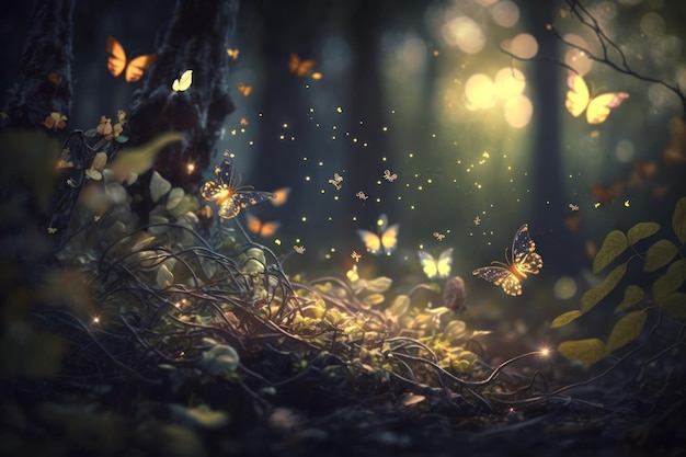 Зачарованный лесной пейзаж с блестящими листьями Волшебная бабочка Генеративный AI