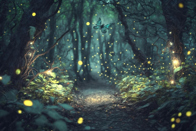 Photo enchanted forest landscape with glittering leaves magic generative ai