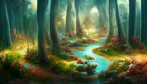 The Enchanted Forest of the Magic Natural Landscape and River Flow Background, Fairy Tale Forest