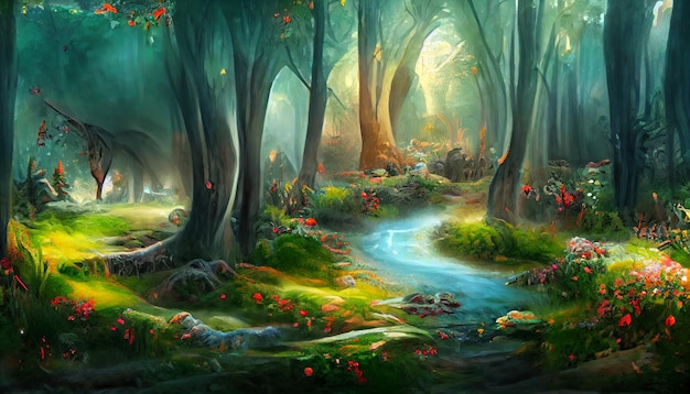 The enchanted forest of the magic natural landscape and river
flow background, fairy tale forest