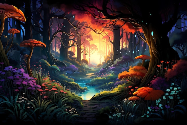 Зачарованный лес — завораживающее 64-битное пиксельное искусство, цифровое концептуальное искусство, концепция ландшафта