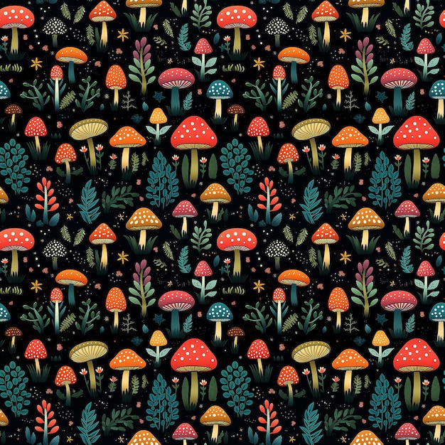 enchanted forest mushrooms and foliage patternxa
