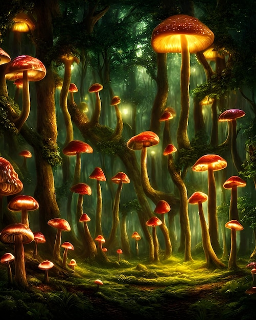 an enchanted forest at night illuminated by glowing mushrooms fantasy surrealism 3d illustration