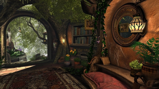 Enchanted Forest Nook interieur hout Generatieve Ai