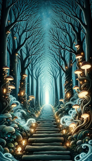 Enchanted Forest Path Illuminated by Mushrooms