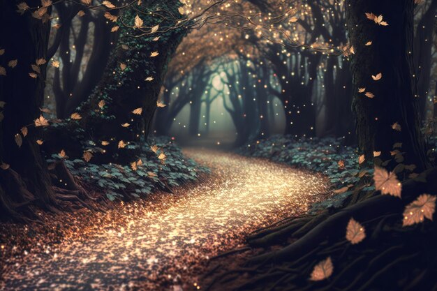 마법에 걸린 숲길 풍경 반짝이는 잎 마법 생성 AI