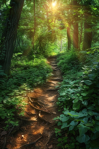 Foto cammino incantato nella foresta con la luce solare che filtra attraverso la densa vegetazione vista panoramica