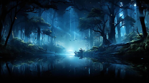 사진 마법의 숲 피난처 신비로운 빛은 조용한 물에서 반사되는 나무를 통해 필터링