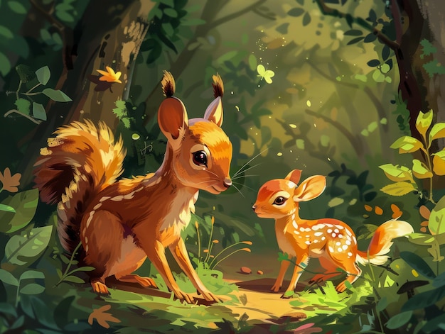 Enchanted Forest Scene with Adorable Squirrel and Fawn in Sunlit Woods Colorful Nature Illustration