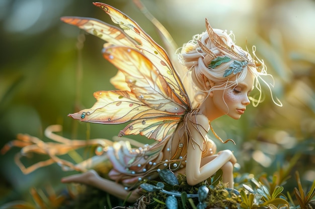 黄金 の 朝 の 光 の 中 で 細 な 翼 の ある 妖精 と 魅力 的 な 森 の 景色