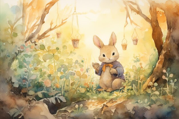 Enchanted forest scene with easter bunny and hidden eggs