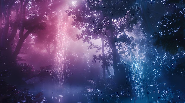 魔法の紫と青の光の魔法の森のシーン 夢のような自然の背景 ファンタジー設定のAI