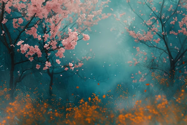 Enchanted forest scenery with blooming trees and misty ambience perfect for wallpapers and backgrounds dreamy nature landscape for design inspirations AI