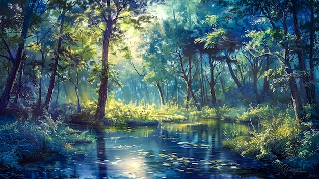 Enchanted forest stream at dawn