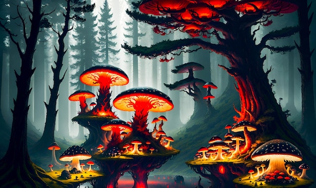 The Enchanted Forest of Tall Lush Trees and Mystical Mushrooms High Quality Generative AI Post Processed