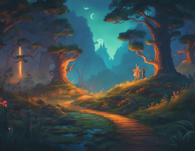 魔法の森の夕暮れの風景壁紙