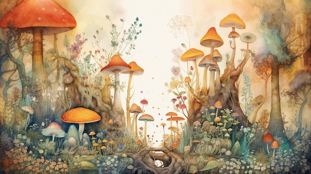 The enchanted forest in the watercolor painting Generative AI