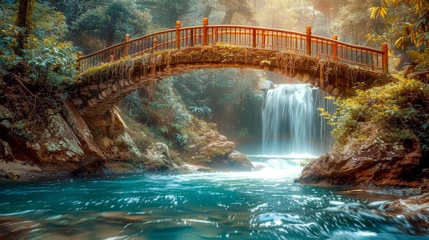 Enchanted forest waterfall with stone bridge