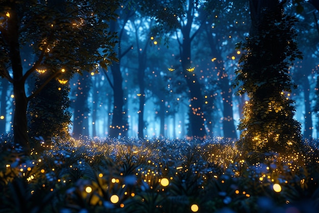 Photo enchanted forest with bioluminescent fireflies and