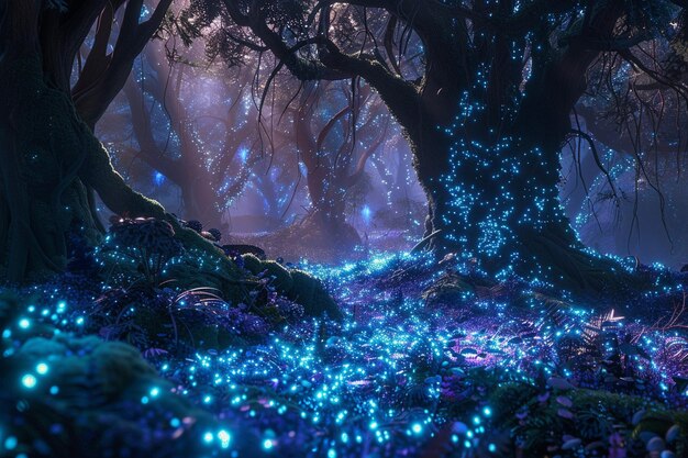 Enchanted forest with bioluminescent flora and fau