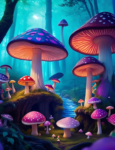 Зачарованный лес с разноцветными грибами