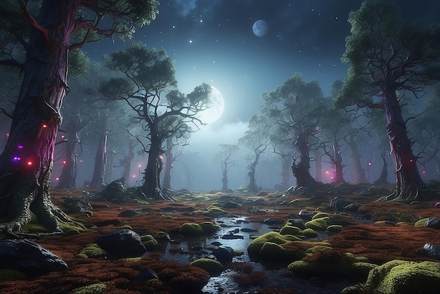 Foto foresta incantata con colori alberi circondati da stelle splendenti creati con