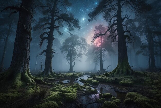 Photo enchanted forest with colors trees surrounded by shining stars created with