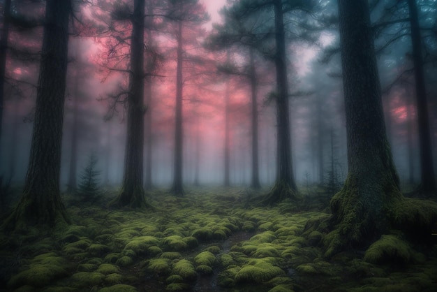 Foto foresta incantata con colori alberi circondati da stelle splendenti creati con