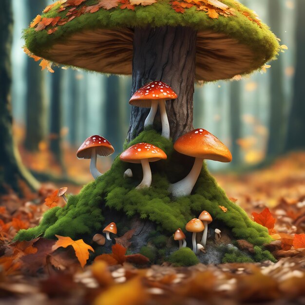 Enchanted forest with fantasy mushrooms Green moss forest floor with trees