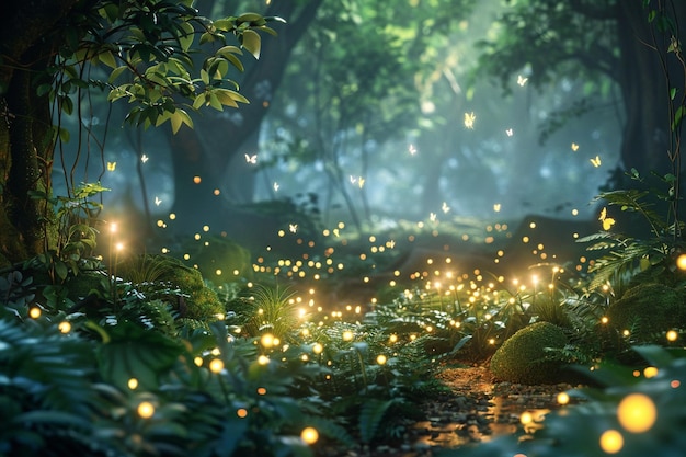 Enchanted forest with fireflies illuminating the n