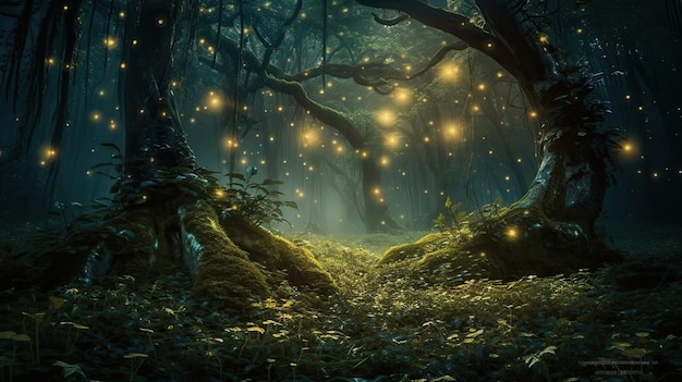 Enchanted forest with fireflies